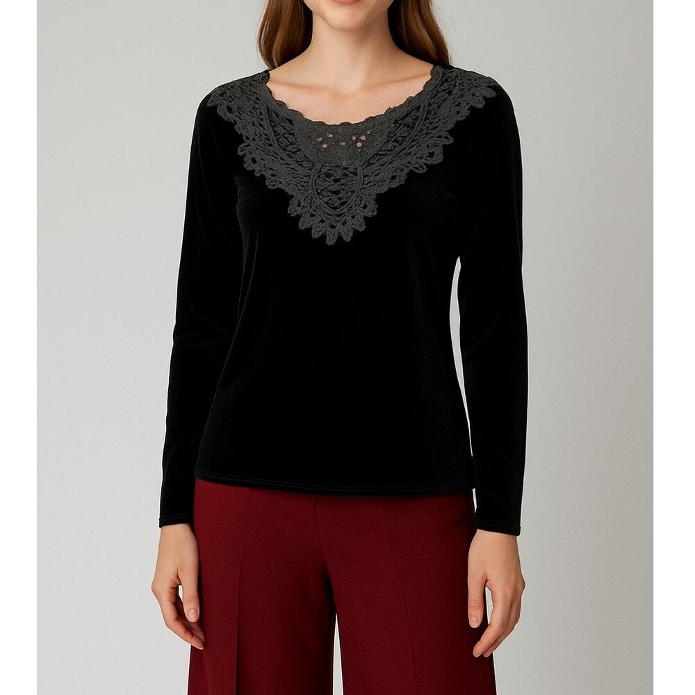 Vintage C Junction Black Velvet Crochet Blouse Womens Med Whimsigoth Witchy Goth